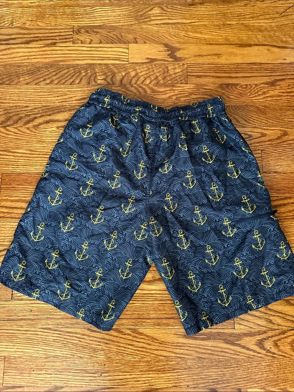 U.S. Polo Assn. Navy Swim Trunks with Yellow Anchor Print and Drawcord